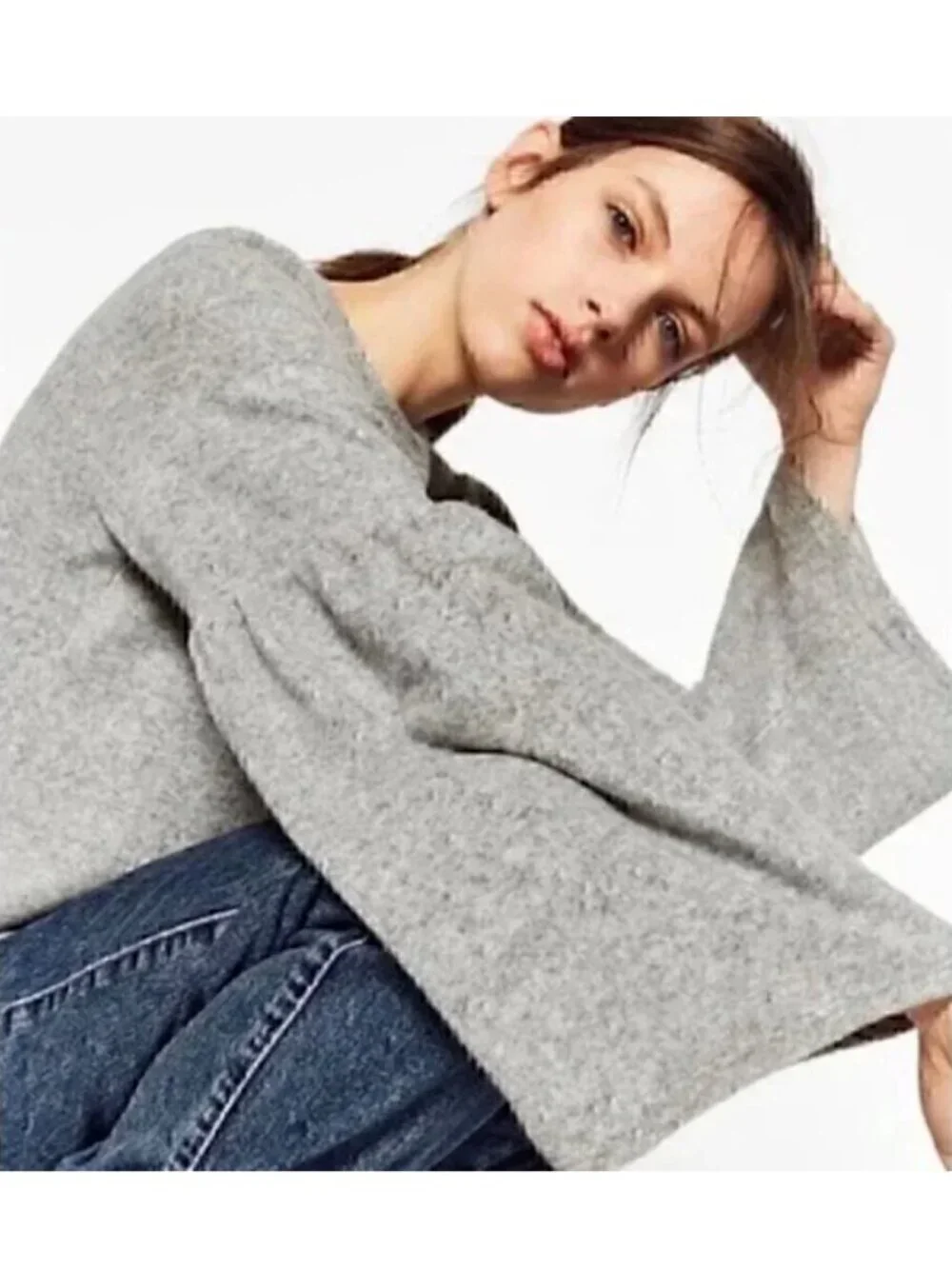 ZARA Bell Sleeve Soft Knit Sweater in Heathered Marled Gray Size S - Picture 5 of 10